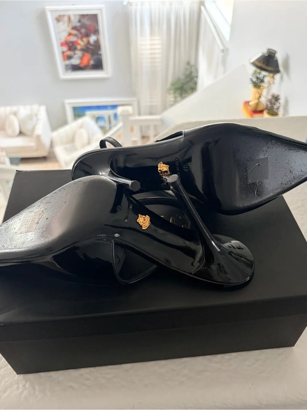 Versace Black Patent Leather Pointed Slingback Heels with Gold Medusa - Picture 5 of 10